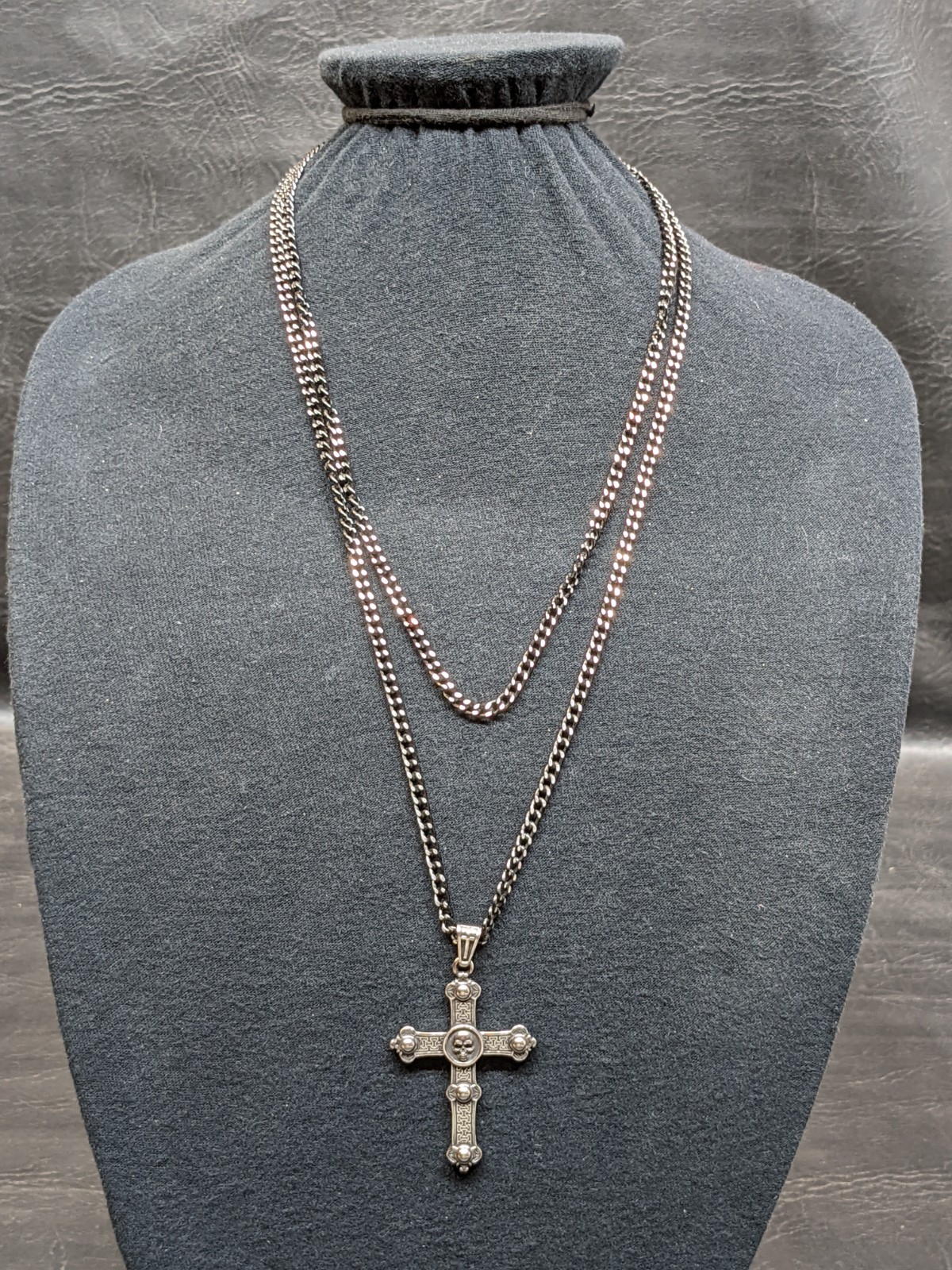 Gothic Skull Cross Necklace Pendant Silver Tone Black Chain Emo Rebel Biker ~47″