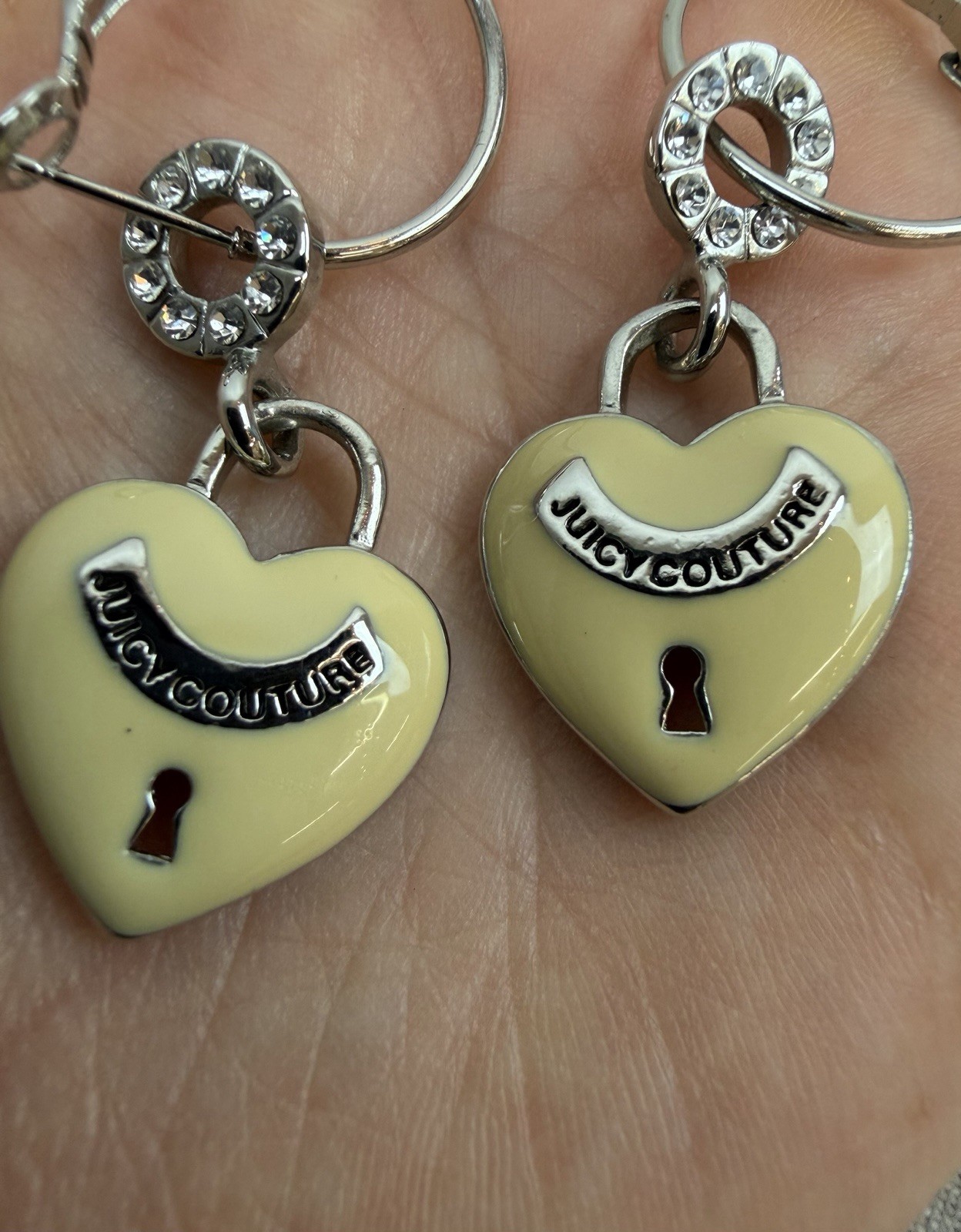 Juicy Couture Cream-Tone Enamel Heart Keyhole Dangle Earrings Rhinestones
