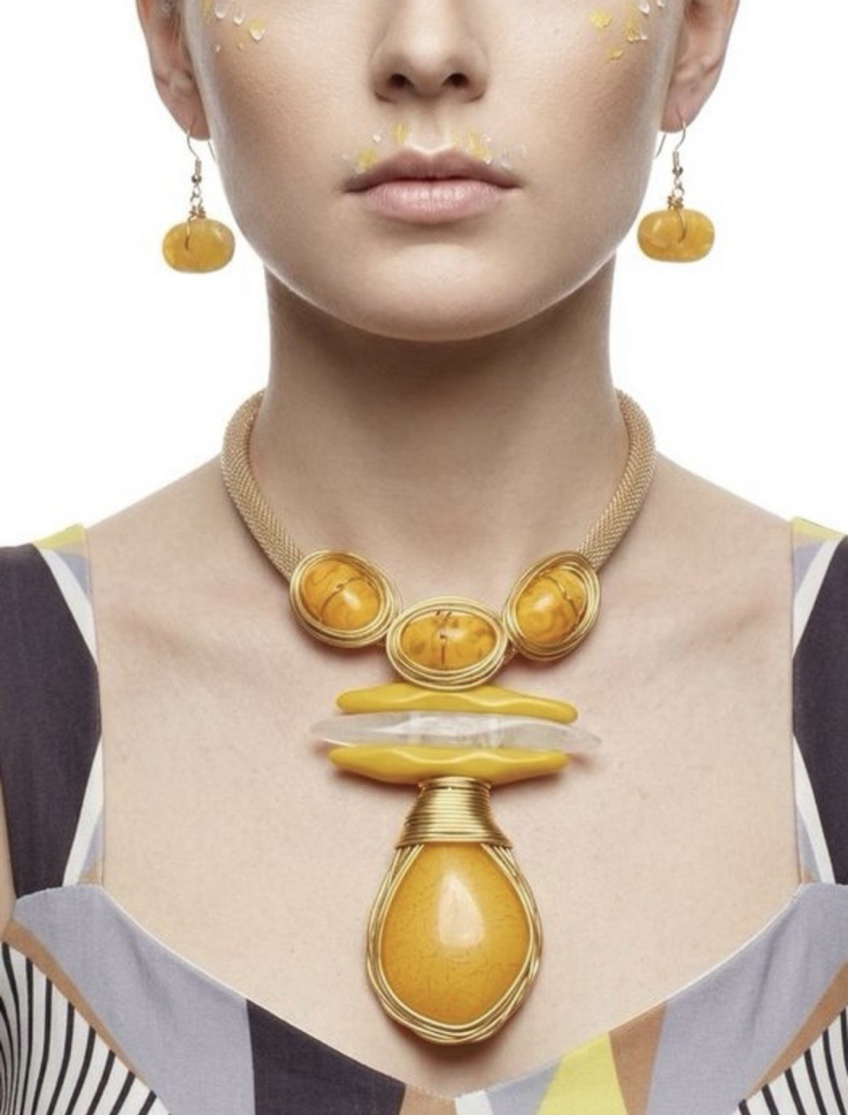 Mustard Yellow Teardrop Pendant Handmade Yellow Resin Necklace and earrings