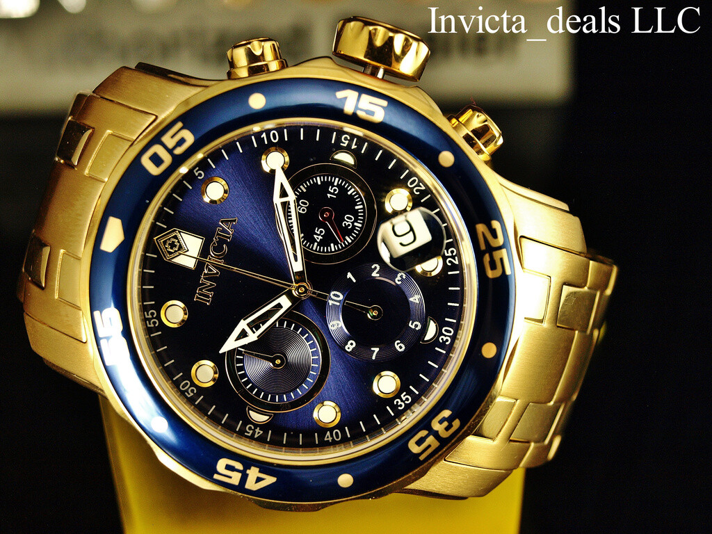 Invicta Men’s 48mm Pro Diver SCUBA Chronograph Blue Dial 18K Gold Plated SS Watc