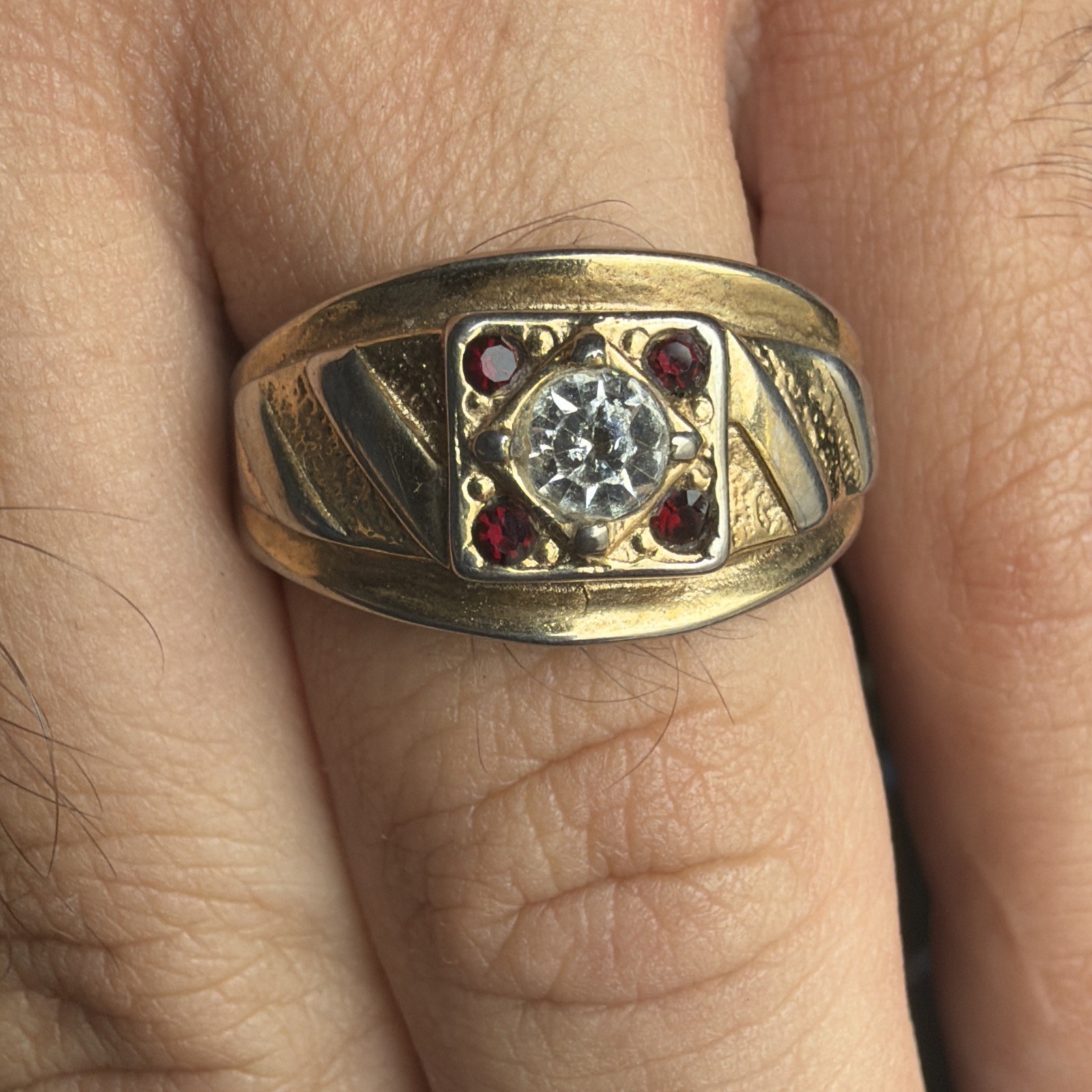 Vintage 14k GE Cubic Zirconia & Ruby Man’s Ring Size 12.75