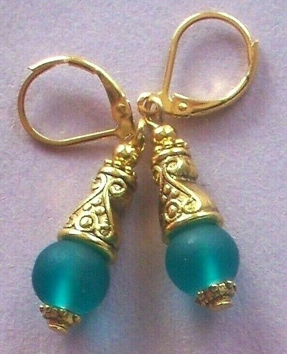 teal green BEACH FROSTED GLASS drop earring GP HANDCRAFTED XX
