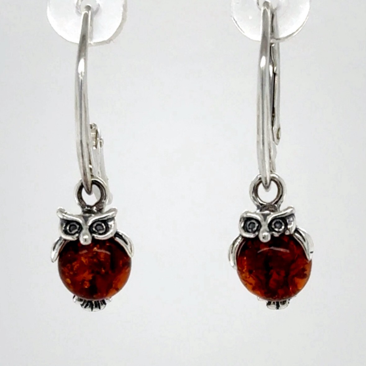 Cognac / Brown BALTIC AMBER Owl Leveback Earrings 925 STERLING SILVER #5573e