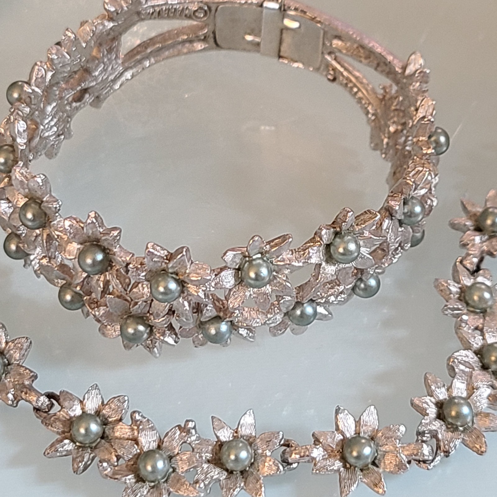 Vintage Marboux BOUCHER Floral Clamper Bracelet Necklace Set Grey Green Pearl