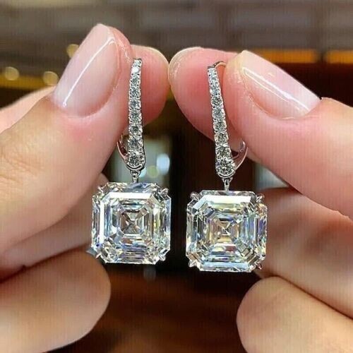 2.58ct Asscher Lab Created Diamond Solitaire Drop Leveback Earring 925 Silver
