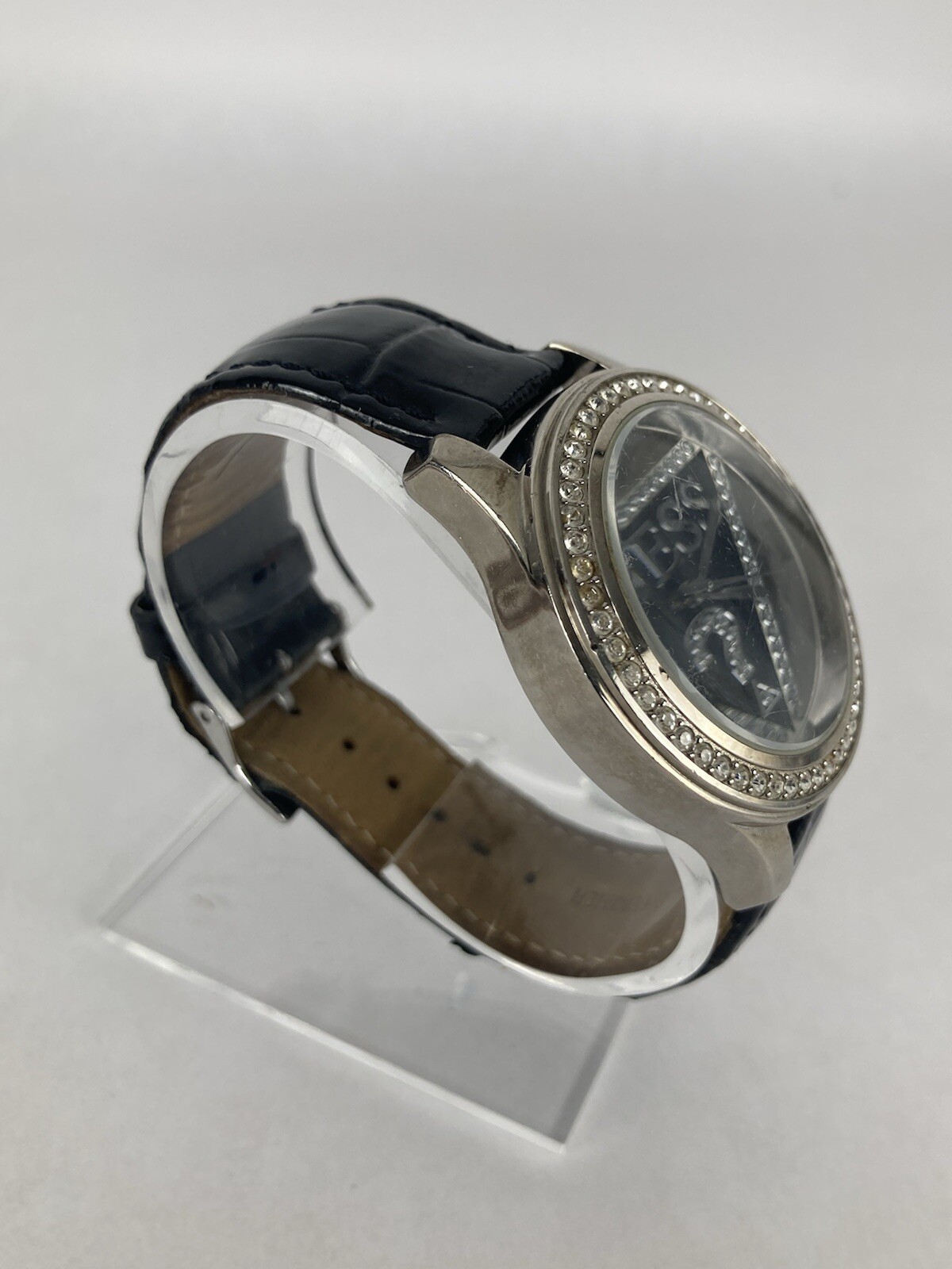 Guess 42mm Silver Semi-Transparent Case Quartz Watch w/Leather Band &New Battery