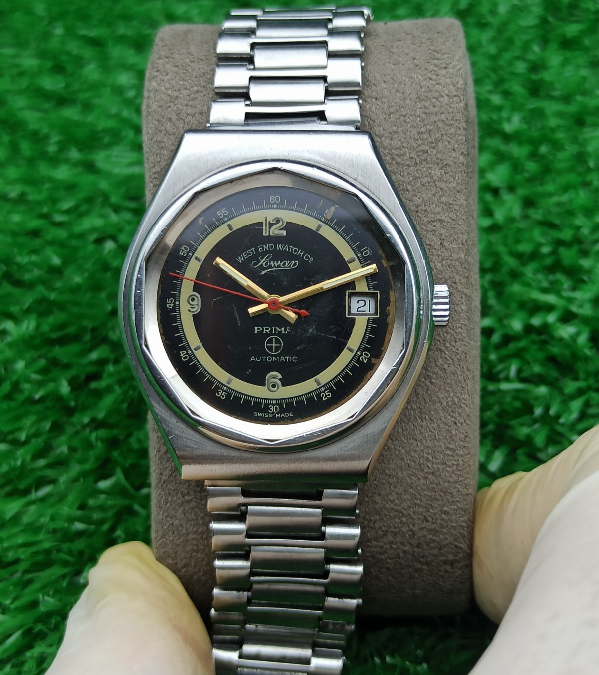 Vintage West End Watch Co Sowar Prima Automatic Swiss Mens Black Dial Watch