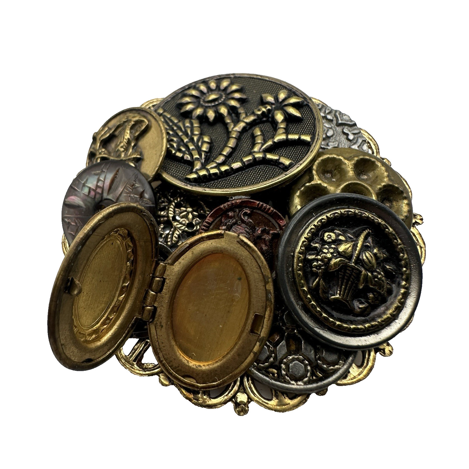 Victorian Steampunk Gothic Button Collage Assemblage Cluster Brooch Locket Pin