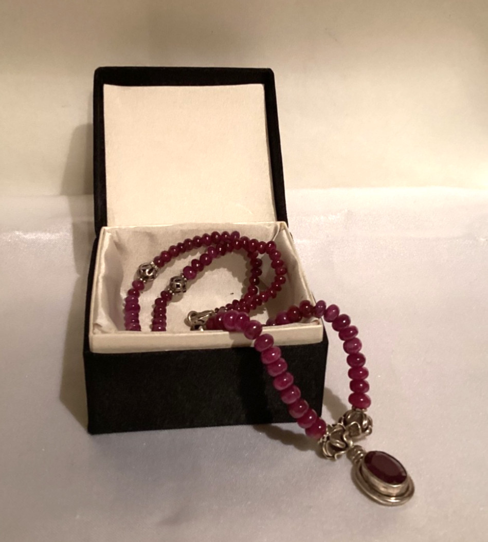Raw Natural Ruby Roundell Beaded & .925 Sterling Silver Pendant Necklace OOAK