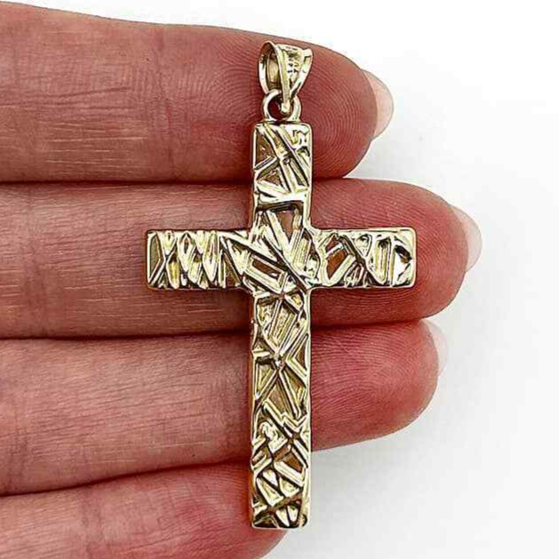 14K Real Gold Textured Cross Pendant 1.9″