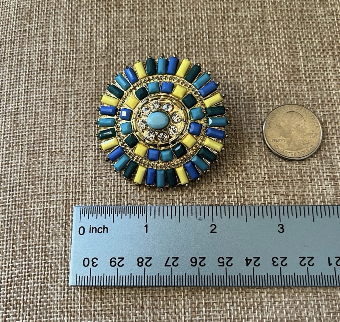 Round Enamel Rhinestone Cluster Brooch Pin, Blue Yellow Gold, 2 in Retro