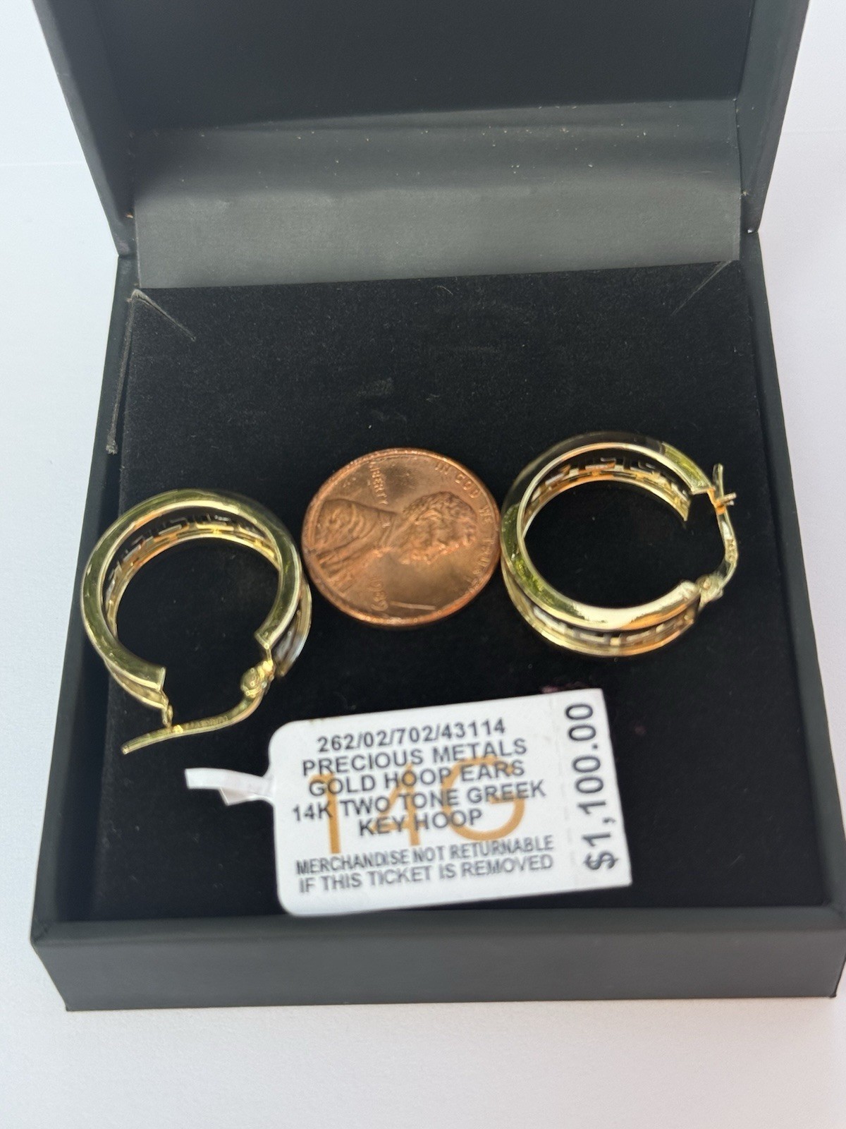 14K Two-Tone Gold Greek Key Hoop Earrings 3g Macy’s Box Tag Excellent