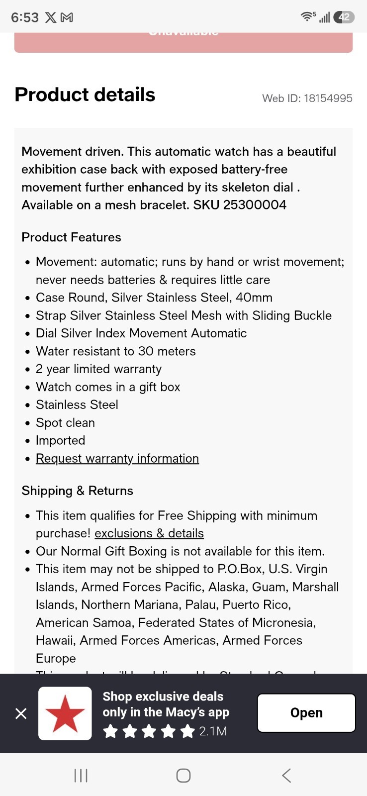 Calvin Klein Men’s Iconic Automatic Silver Stainless Steel Mesh Watch 40mm
