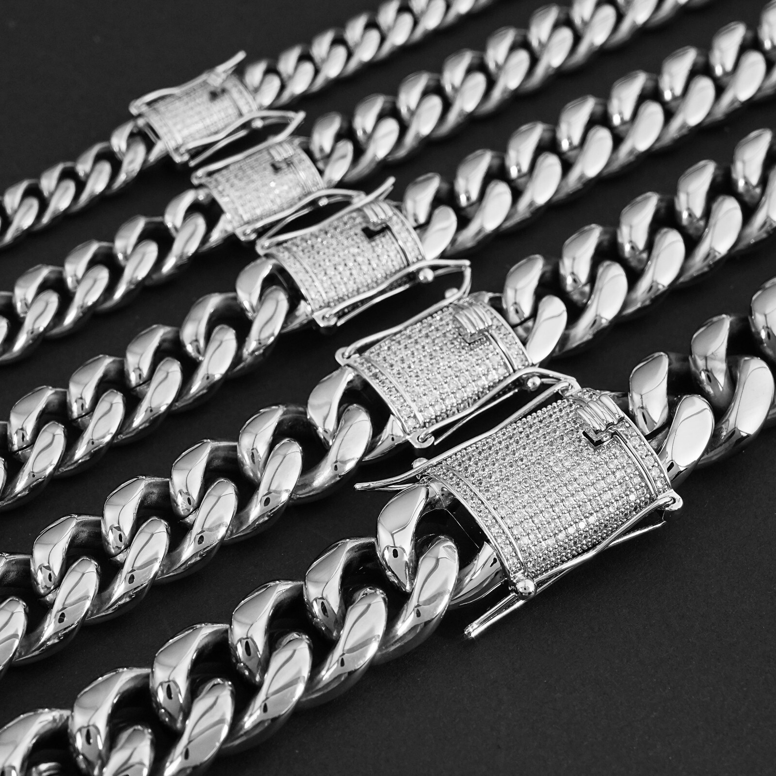 Miami Cuban Link Bracelet Chain Set White Gold Stainless Steel With CZ Clasp