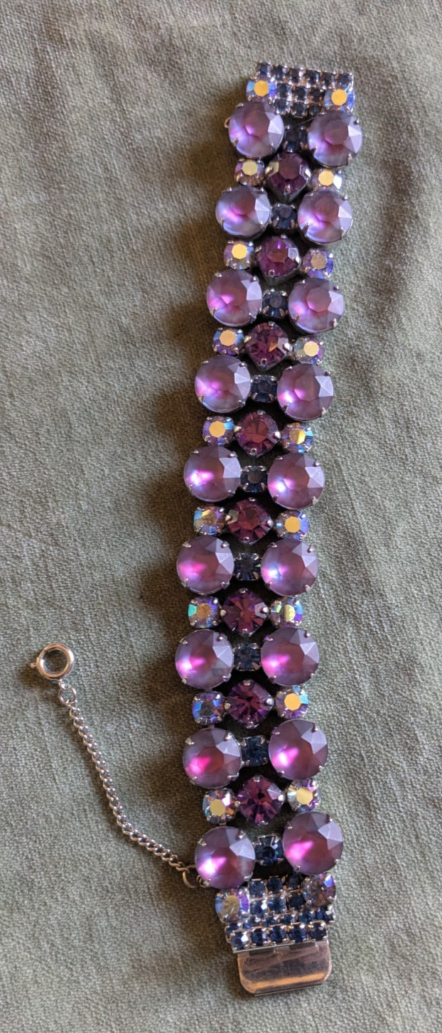 Vintage rhinestone bracelet pink, purple, blue MCM cuff safety chain unsigned