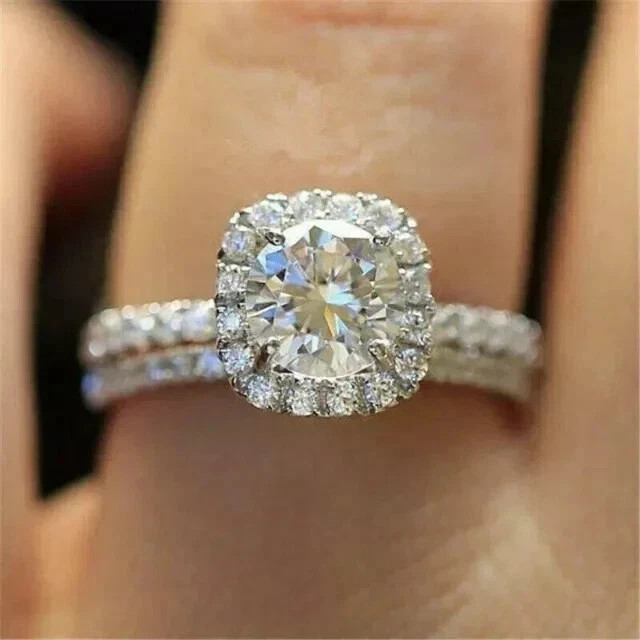 14k White Gold Plated 2.00Ct Round LabCreated Diamond Bridal Set Engagement Ring