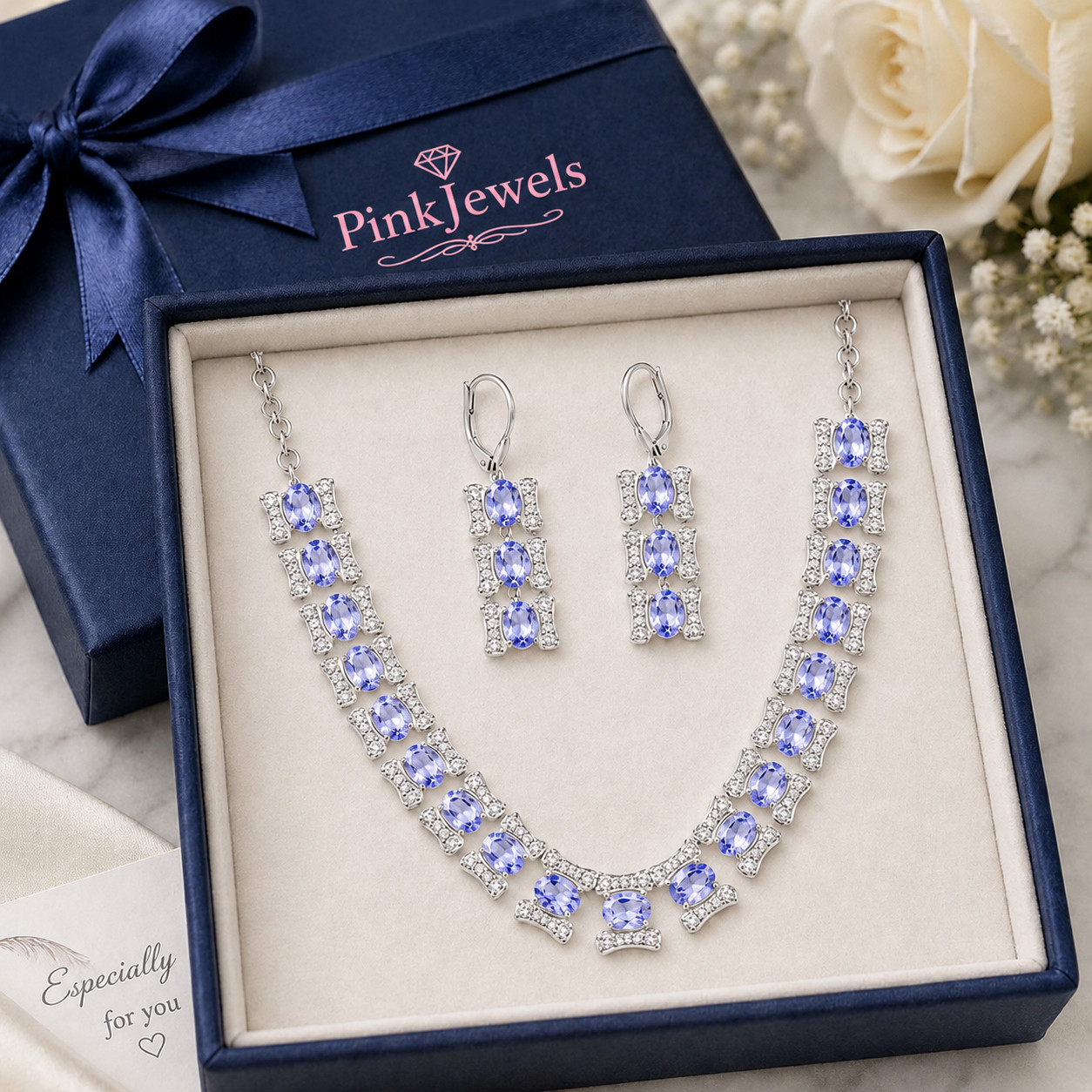 Natural Tanzanite Necklace Set 925 Sterling Silver December Birthstone Gift