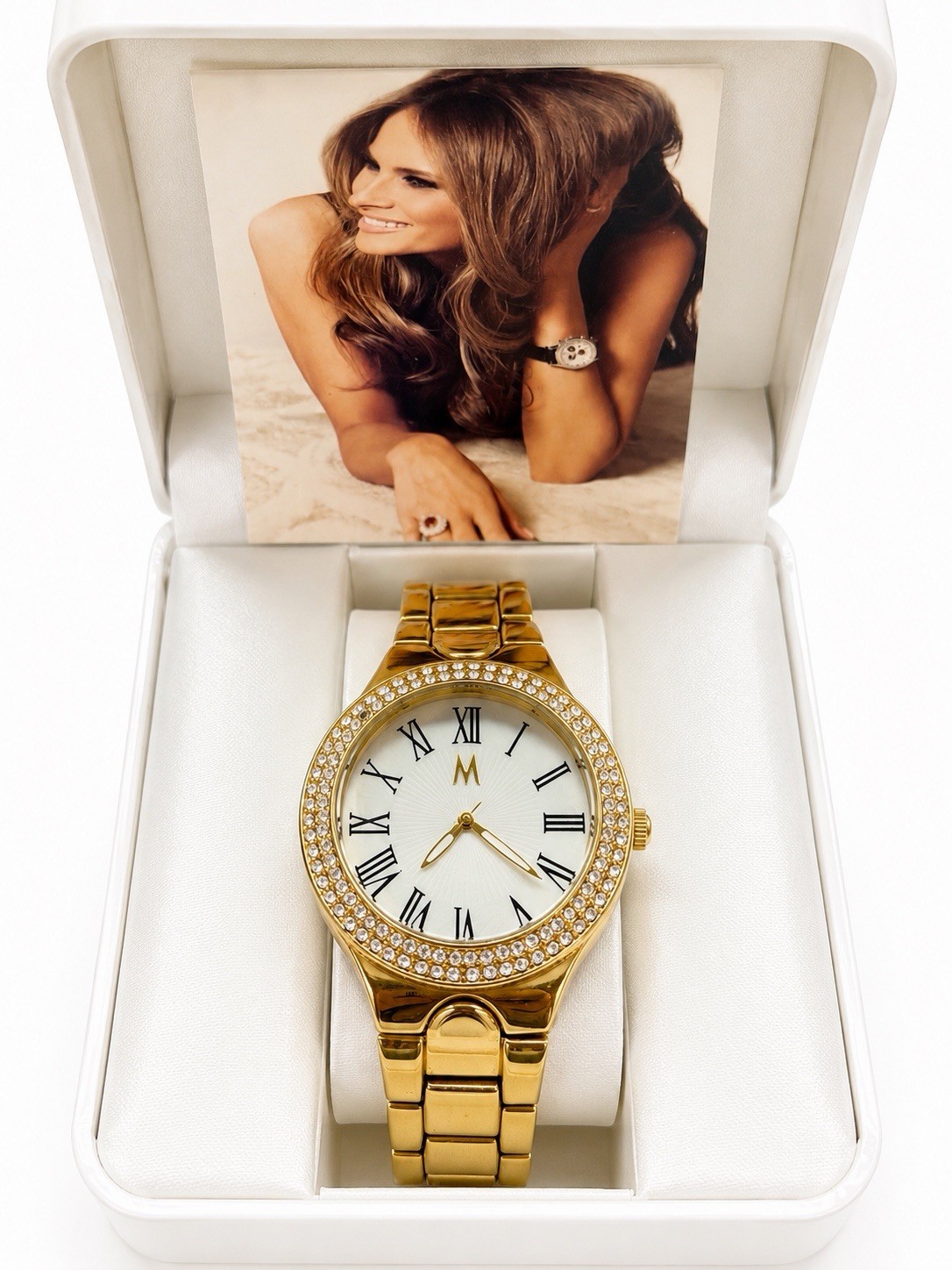 Melania Trump Gold Tone Crystal Bezel Women’s Watch MOP Dial Box