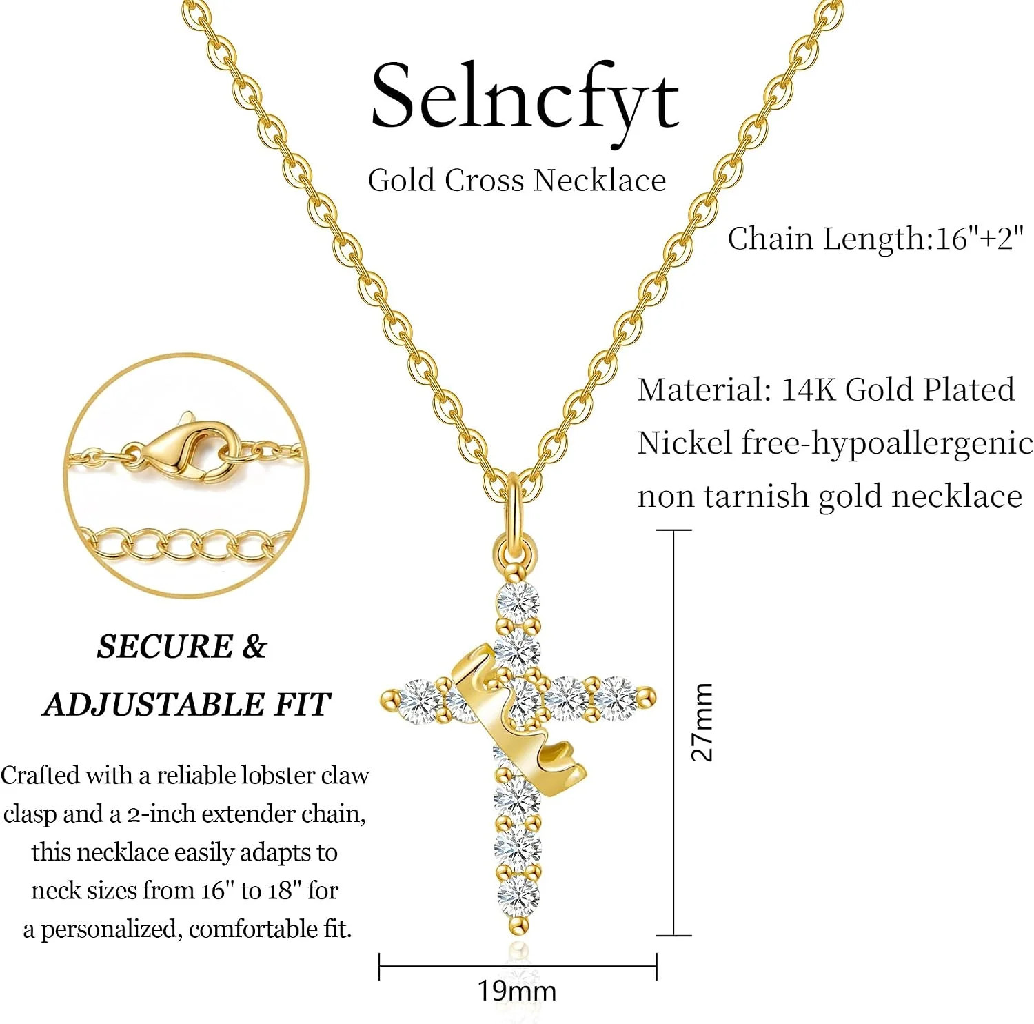 Gold Cross Necklace for Women Dainty 14K Gold Plated Diamond Cross Pendant
