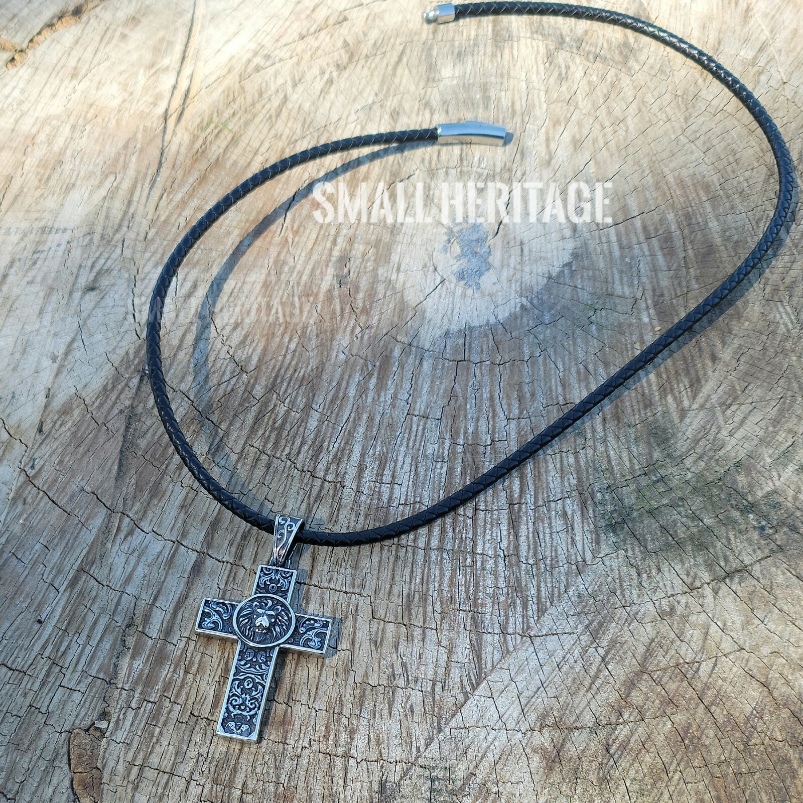 Stainless Steel Lion Cross Necklace Christian Pendant Medieval Style Men Women