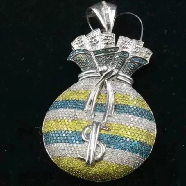 2.60Ct Round Cut Real Moissanite Custom Money Bag Pendant 14K White Gold Plated