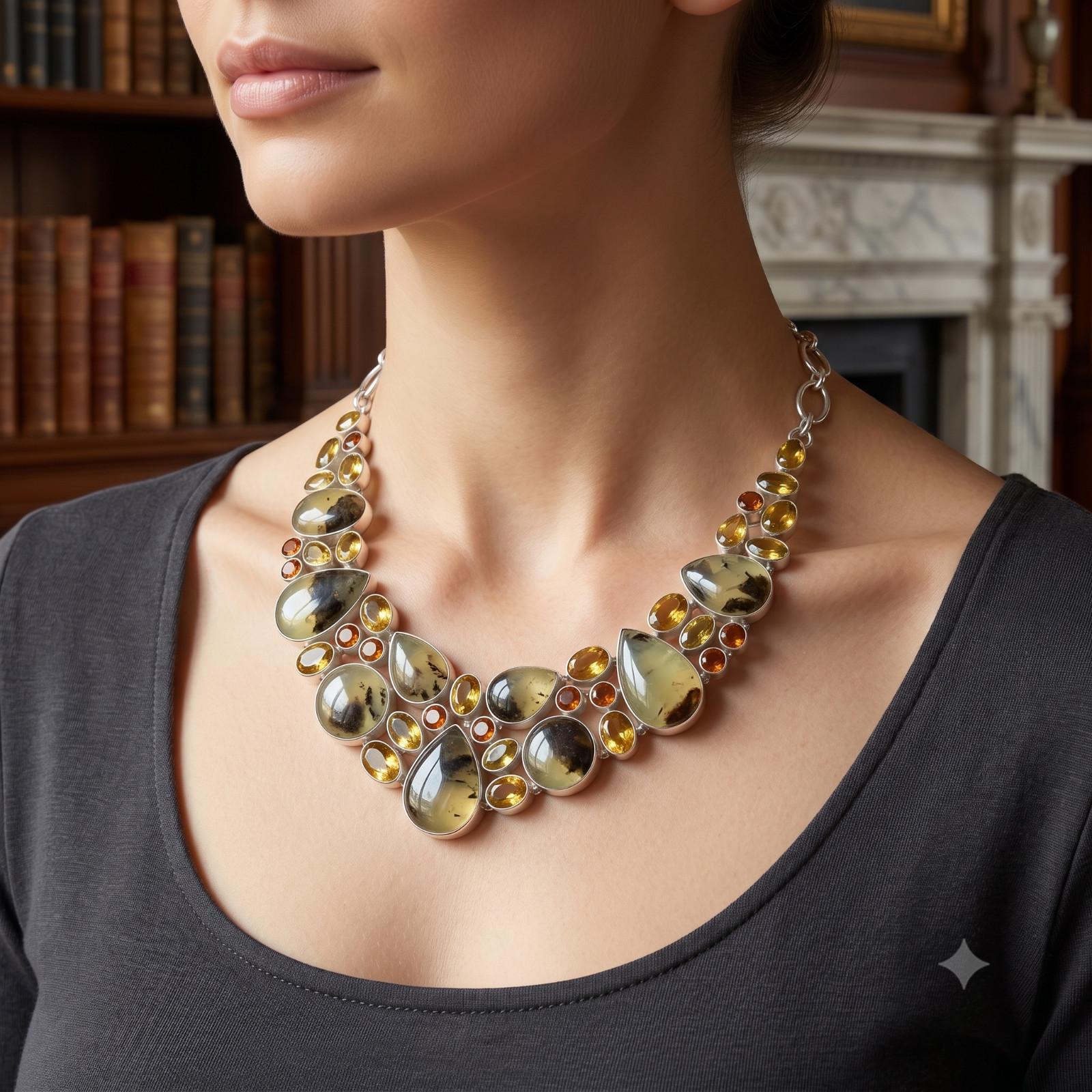 Sterling Silver Finish Natural SAPTERIAN STONE Citrine Chain Necklace Jewelry