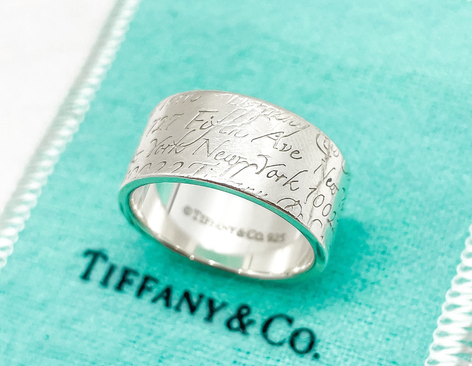 Tiffany & Co. Notes Script Fifth Avenue New York Wide Band Ring Silver Size 8.75