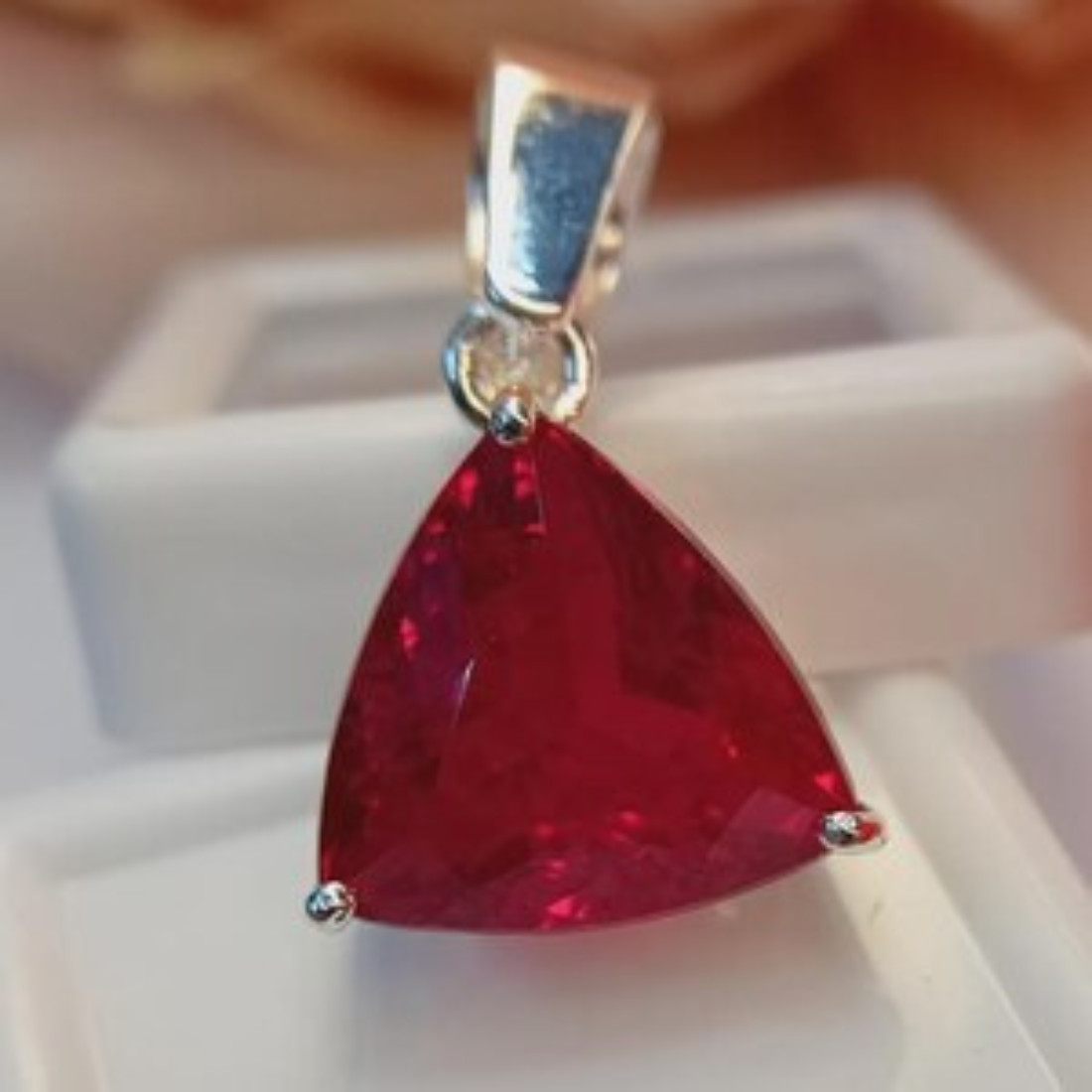 25 Ct Lab Created Ruby Trillion Pendant German Silver Solitaire Red Gemstone
