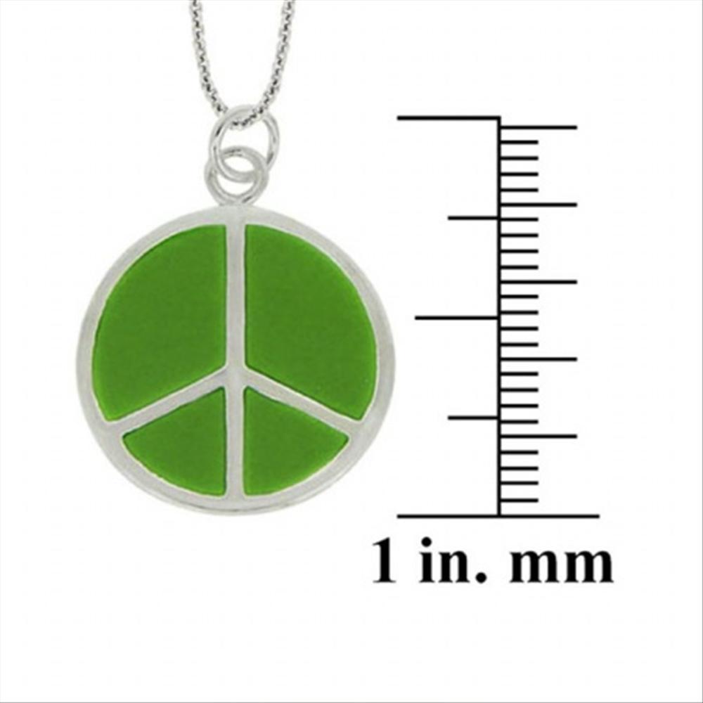 925 Silver Green Enamel Peace Sign Pendant, 18″
