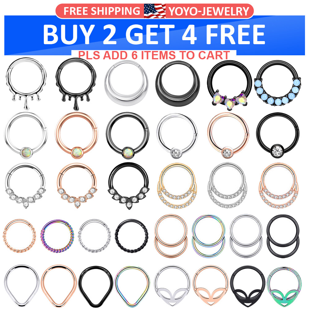 16G Septum Clicker Stainless Steel Hinged Nose Rings Hoop CZ Opal Body Piercing