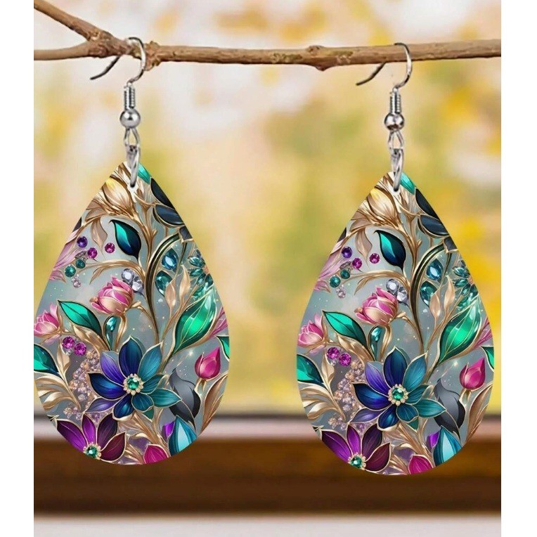 Floral Teardrop Dangle Earrings Multi Color Botanical Silver Tone Hook New