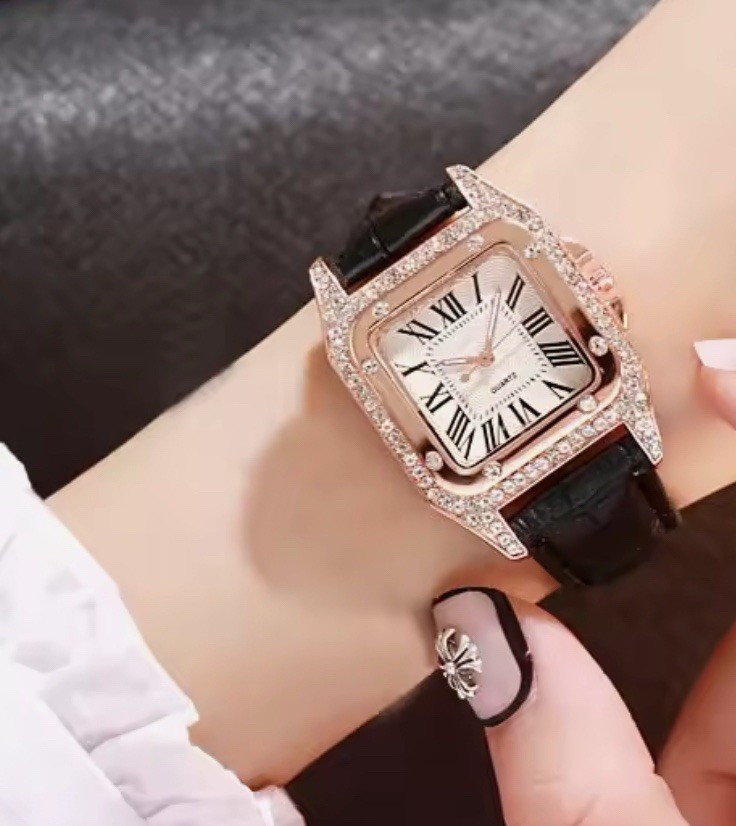 Women PU Leather Rhinestone Watch and Rose Gold Bracelet 2 Piece Set