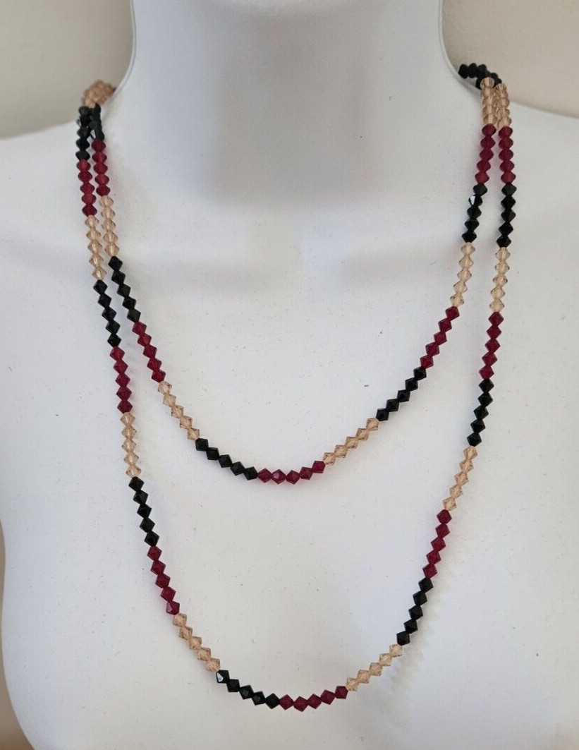Vintage Glass Crystal Necklace Red, Clear & Black beads boho to formal 52″ VTG