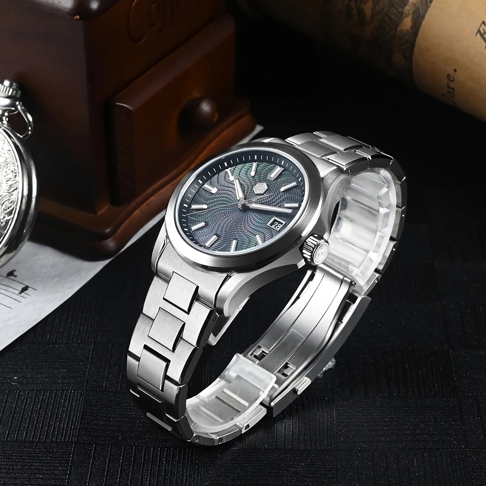 SAN MARTIN SN0150 Automatic Guilloche MOP Dial Date Display 39mm Men Gada Watch
