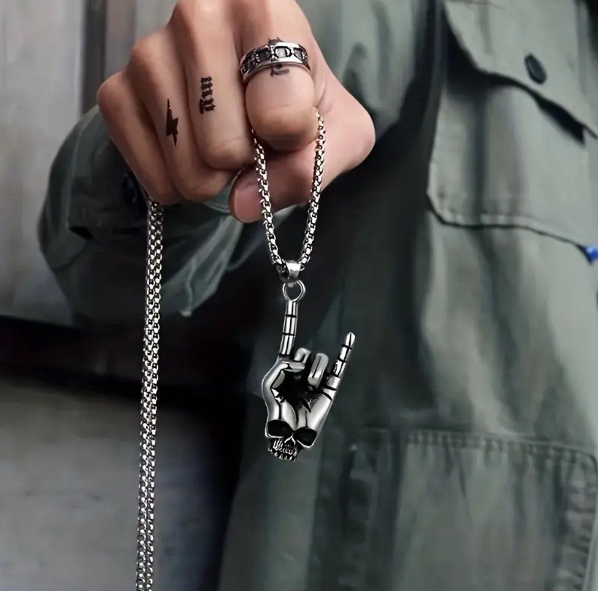 Rock Skull Hand Necklace Punk Awesome Silver 304L Stainless Steel Pendant