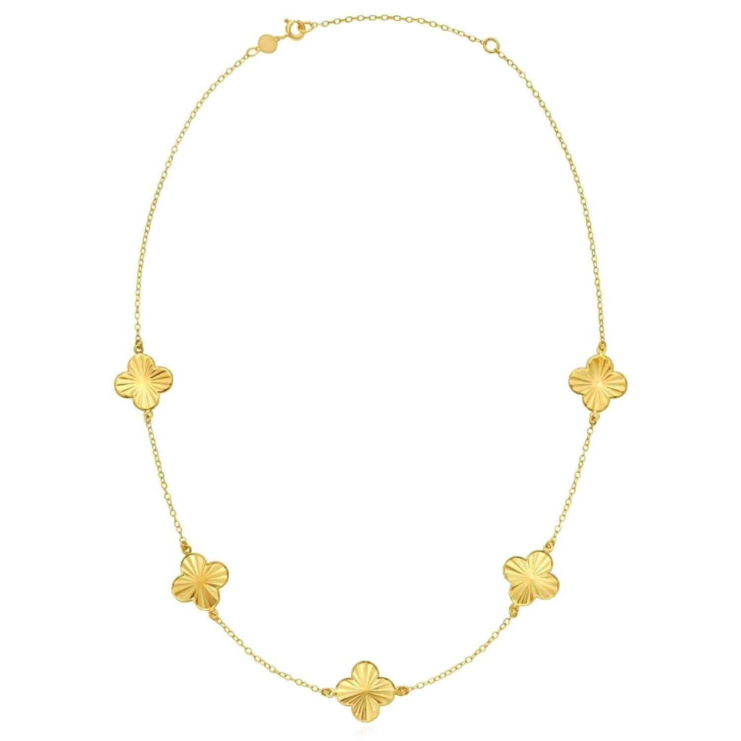 14K Yellow Gold Diamond-Cut Clover Station Necklace Solid Links 16-18″ Adjust