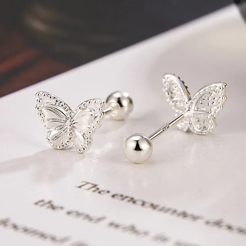 Real Money 925 Sterling Silver Crystal Butterfly Screw Stud Earrings for