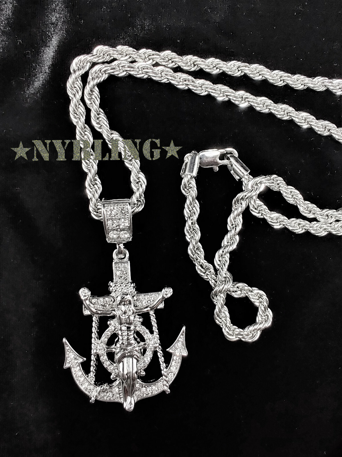ICED Jesus Anchor Pendant w/ Rope or Tennis Chain Necklace Plated CZ Jewelry