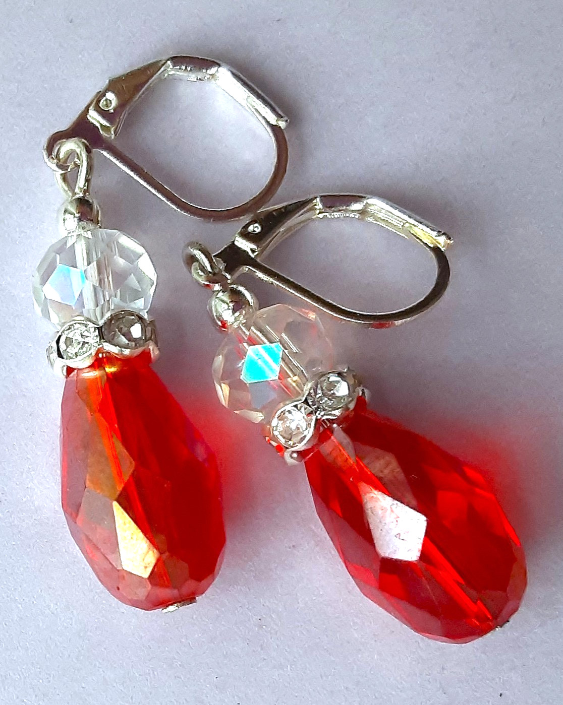 RED CLEAR Rhinestone CRYSTAL teardrop earring SP LEVERBACK handmade XAG