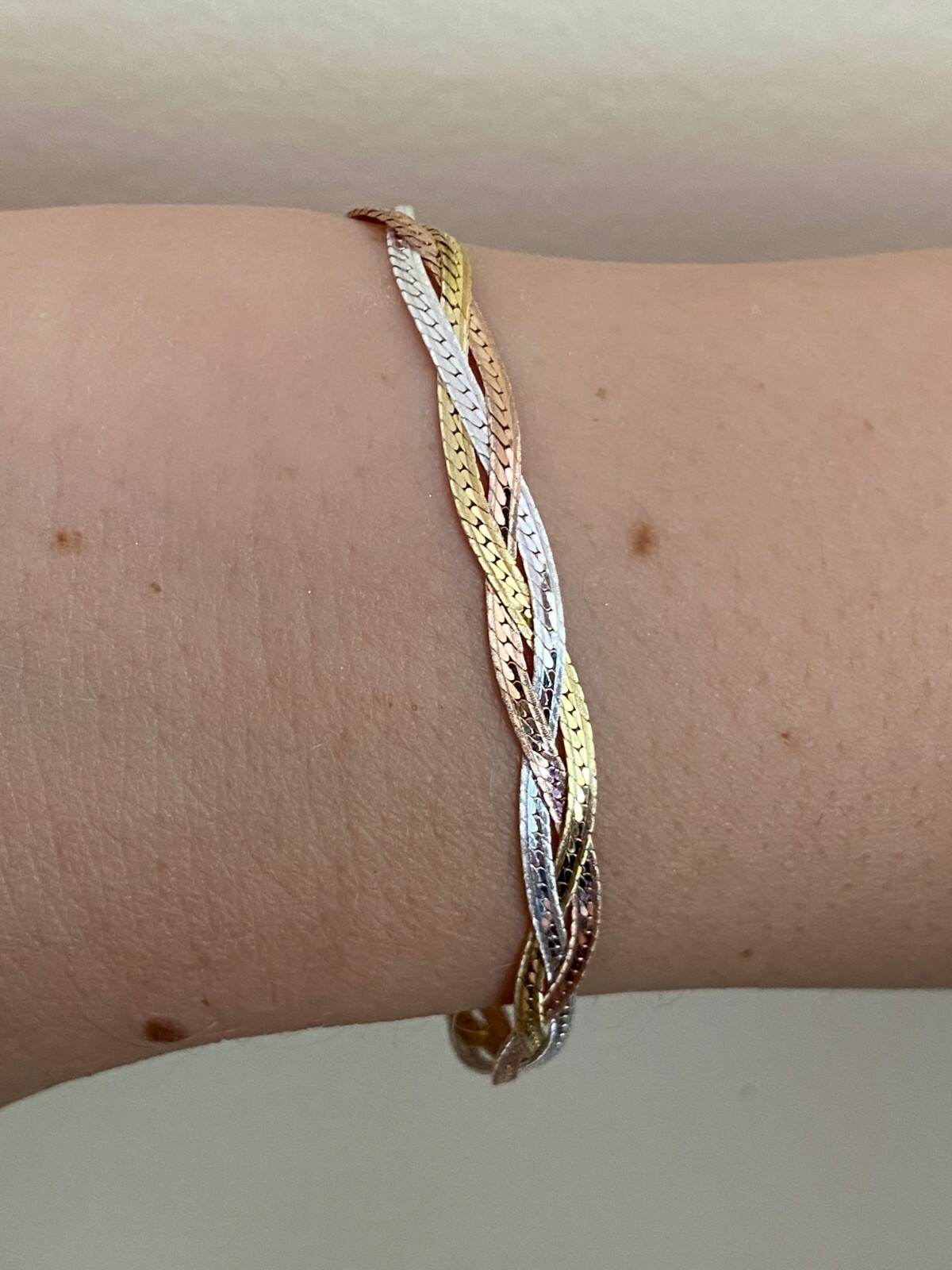 925 Silver TriColor Yellow Rose Gold Plated Twisted Braided Herringbone Bracelet