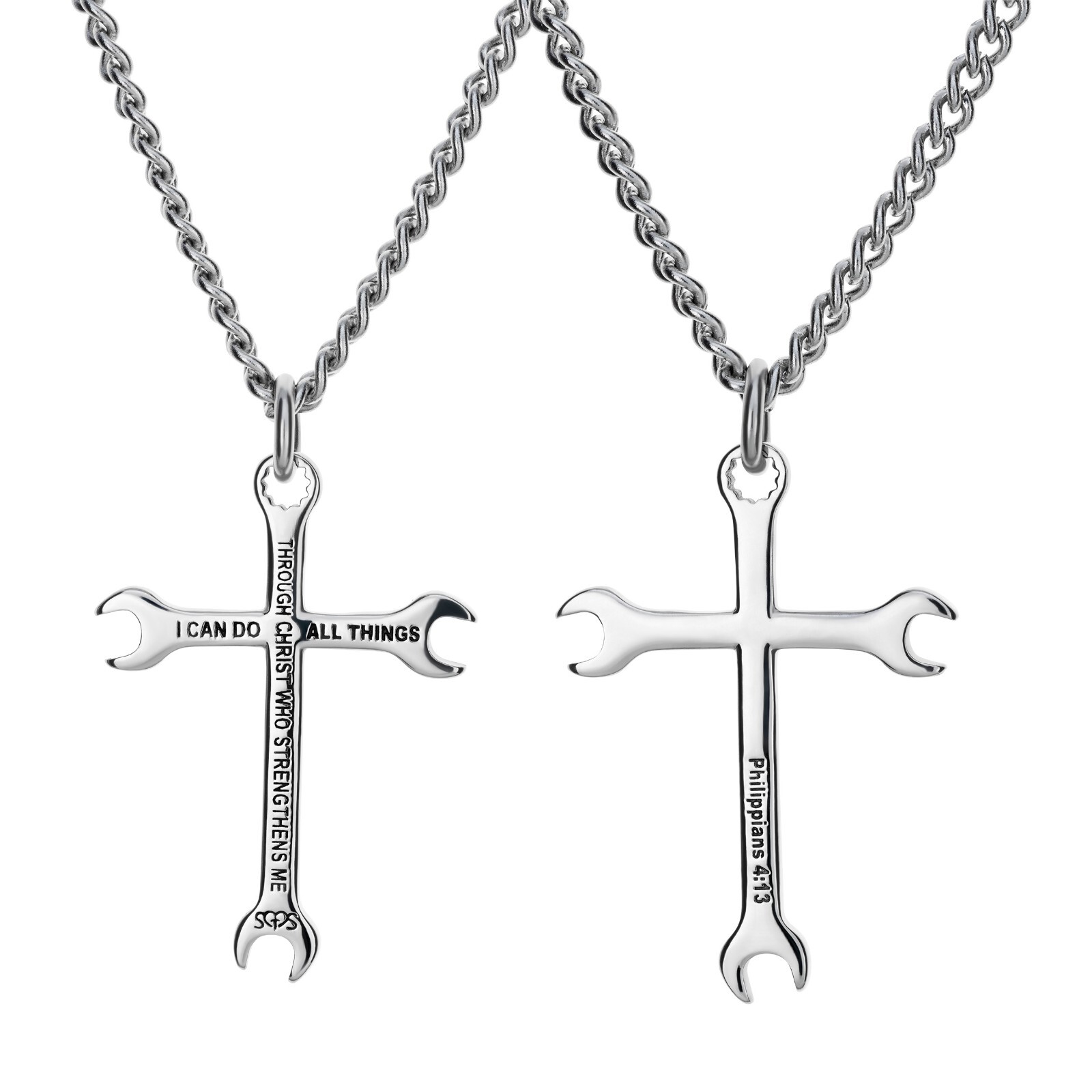 Men’s Stainless Steel Wrench Cross Necklace- Philippians 4:13