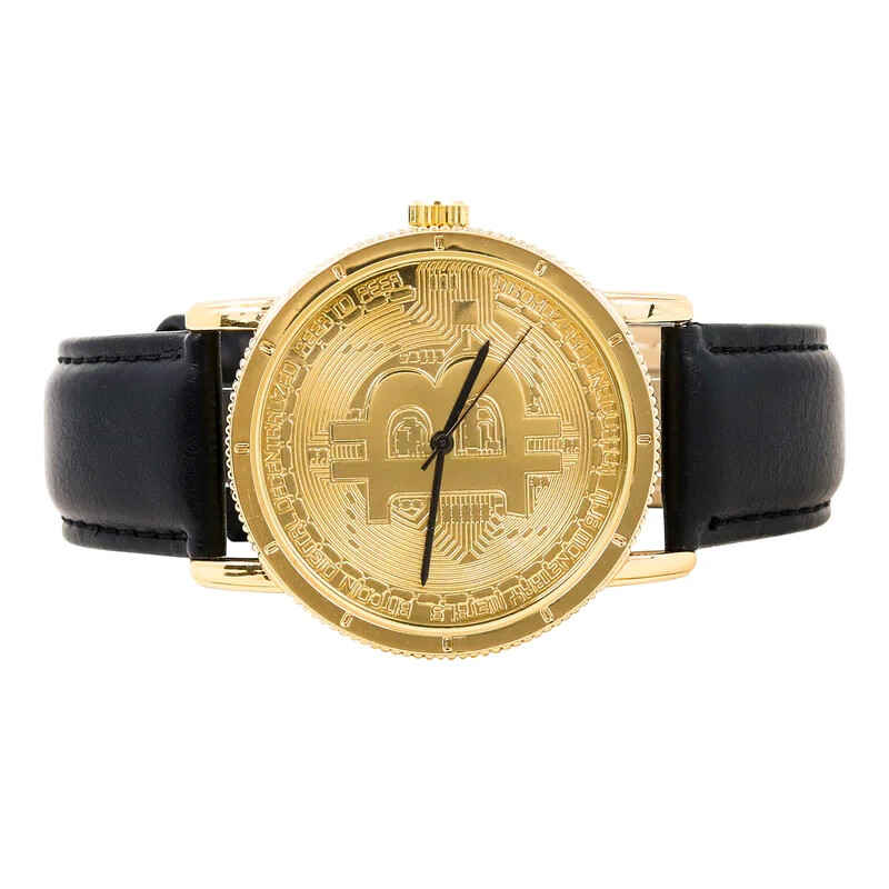 Men’s Iced BITCOIN Dial Hip Hop Gold PT Leather Band Fashion Urban Style Watch