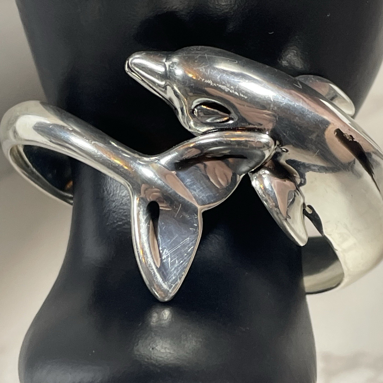 Vintage Best Jewelry Dolphin Wrap Cuff Bracelet High Polish Silvertone Statement