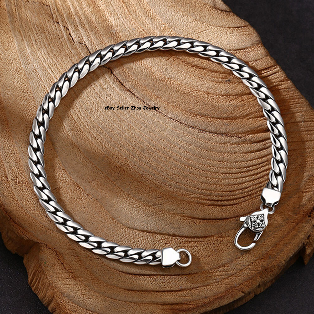 Pure S925 Sterling Silver Chain Vajra 5mm Smooth Curb Link Bracelet 7.1-7.9inch