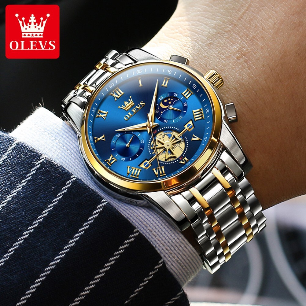 OLEVS Quartz Men’s Watch, Stainless Steel, Chronograph, Waterproof, Moon Phases
