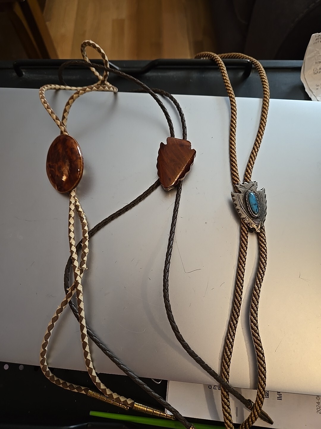 VINTAGE LOT 3 BOLO LEATHER, FABRIC NATURAL WOOD FAUX TURQUOISE ARROWHEAD