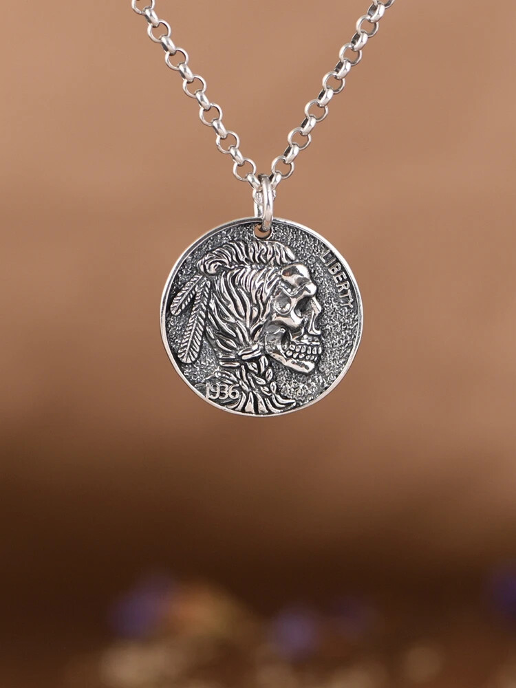S925 Sterling Silver Indian Skull Headdress with Gold Fish Ball Charm Pendant