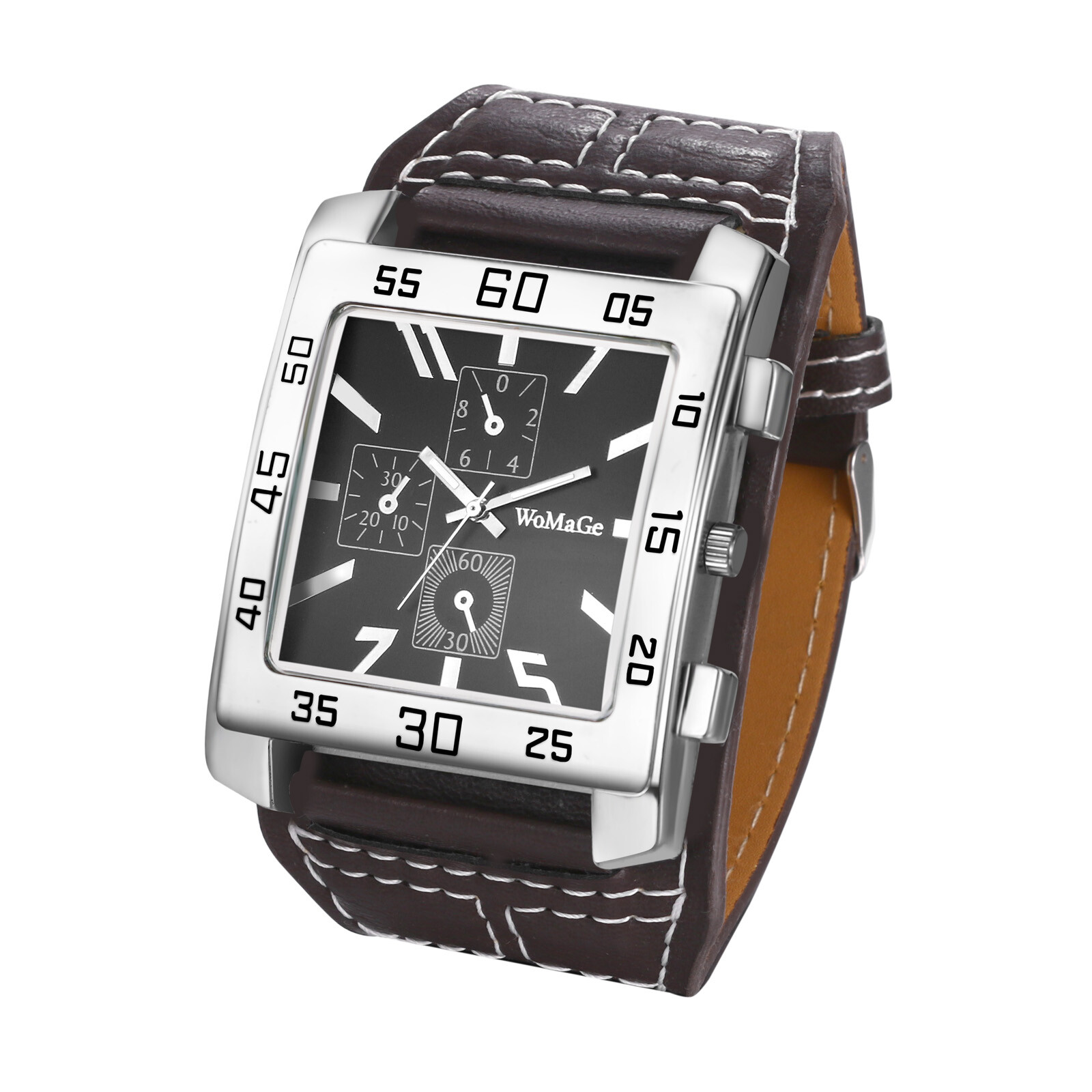 Mens Punk Wide Leather Cuff Band Big Square Dial Analog Quartz Biker Wrist Watch