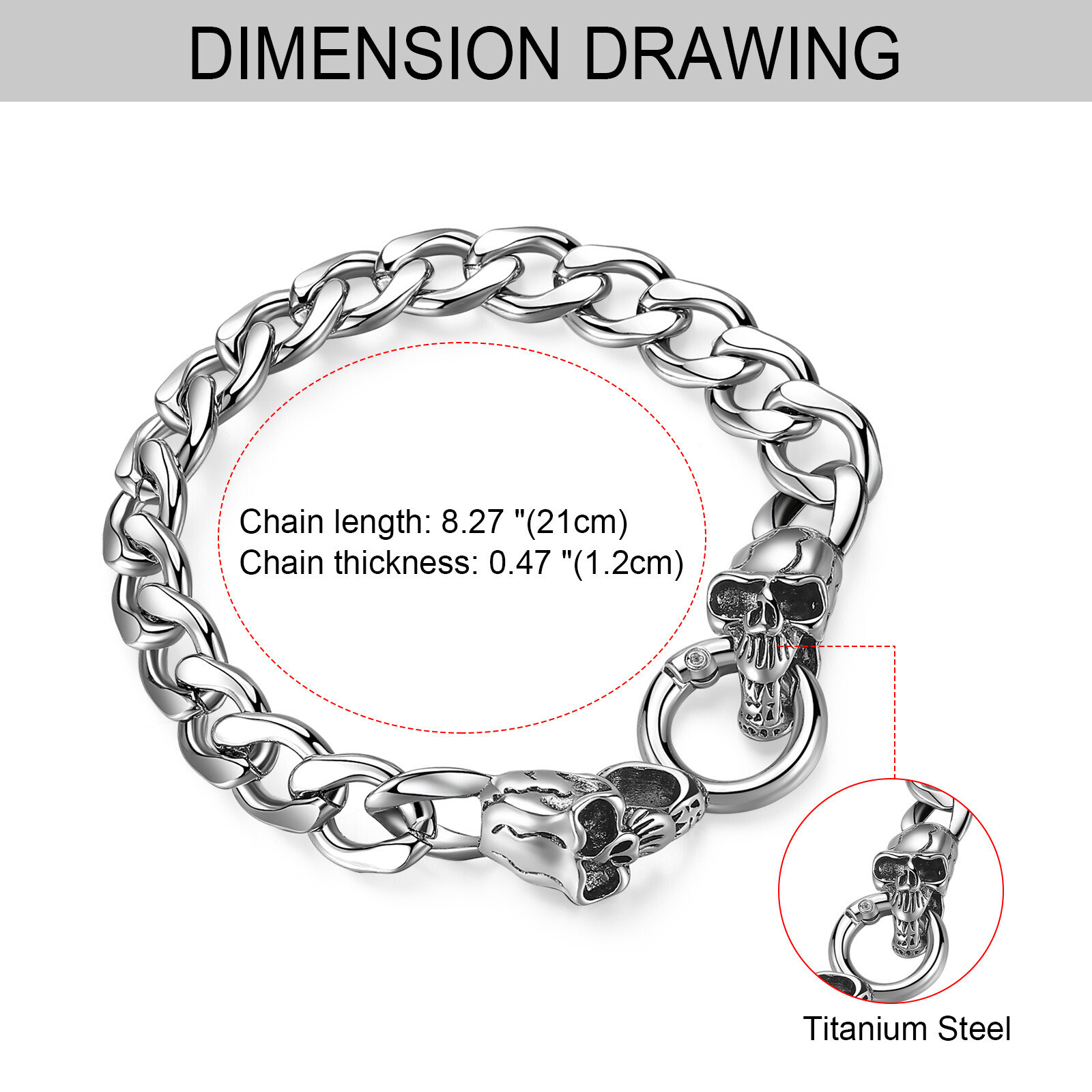 Mens Boys Biker Rock 12mm Skull Miami Cuban Link Chain Stainless Steel Bracelet