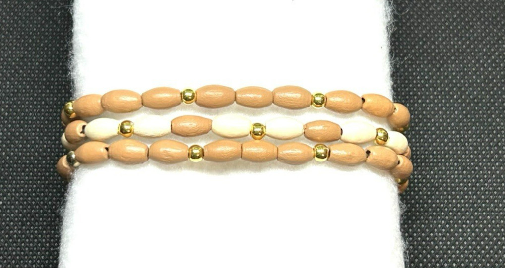 Tan & Ivory with Golden accents Bamboo Wooden Beaded Bracelet Set Size Large
